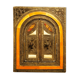 Mirror opening Berber metal, wood, bone and leather, circa 1980