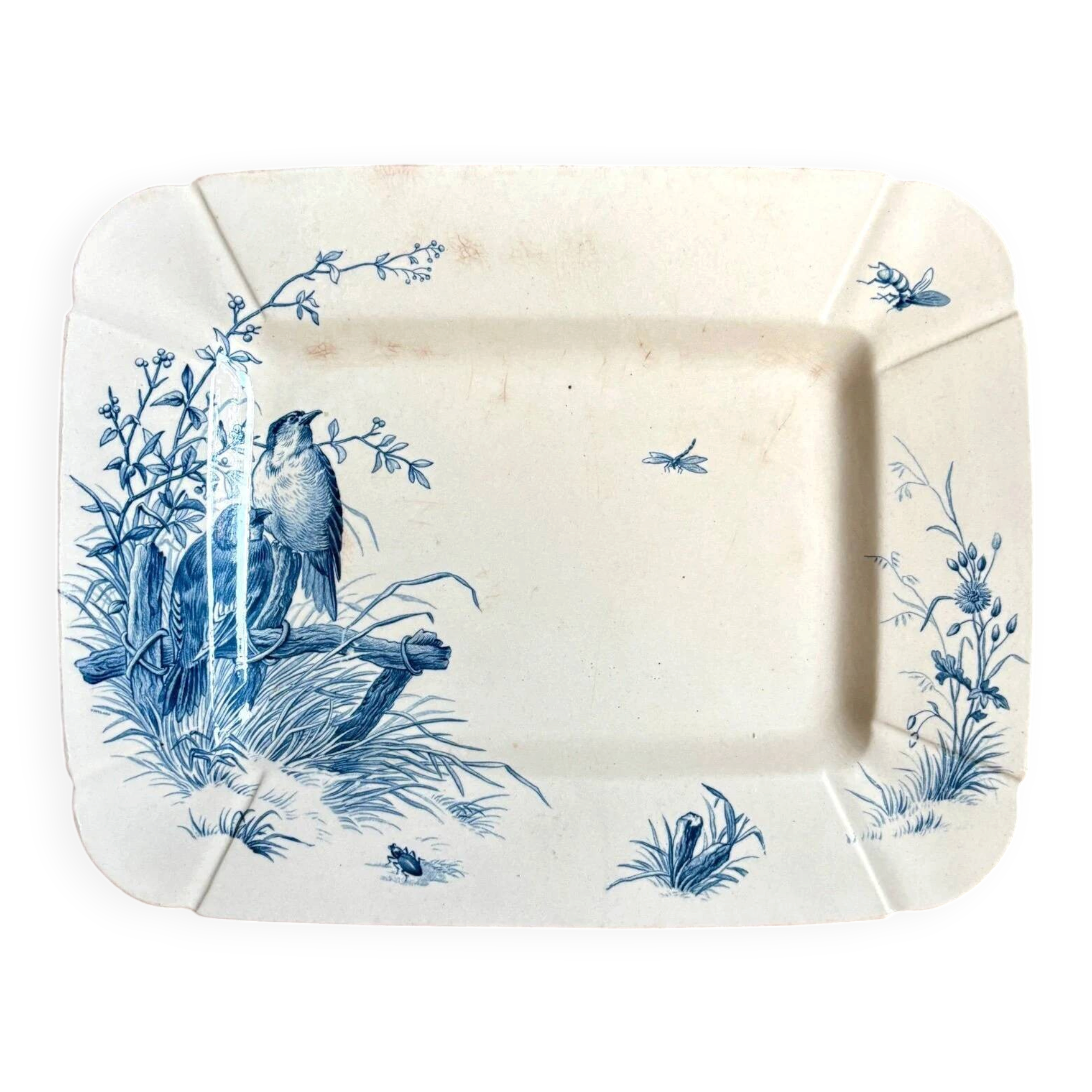 Small rectangular Gien dish in blue ironstone, "Birds" service from around 1870.
