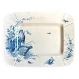 Small rectangular Gien dish in blue ironstone, "Birds" service from around 1870.