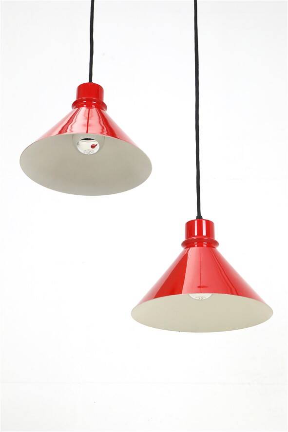 Set of 2 Nordisk Solar Compagni “Super Space” pendant lights, red, small version, Danish modern design, 1970s