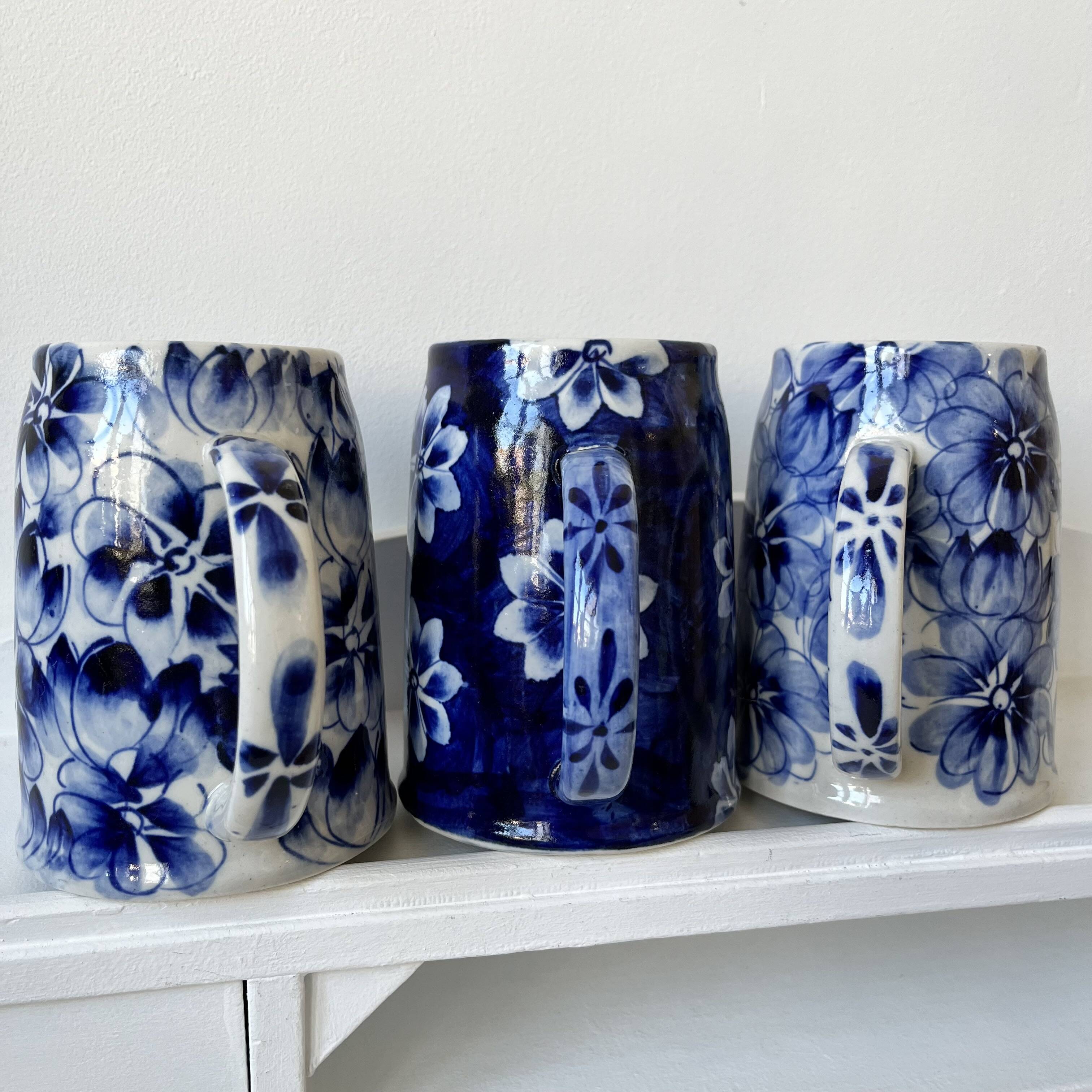 Blue flowered mugs or large tankards