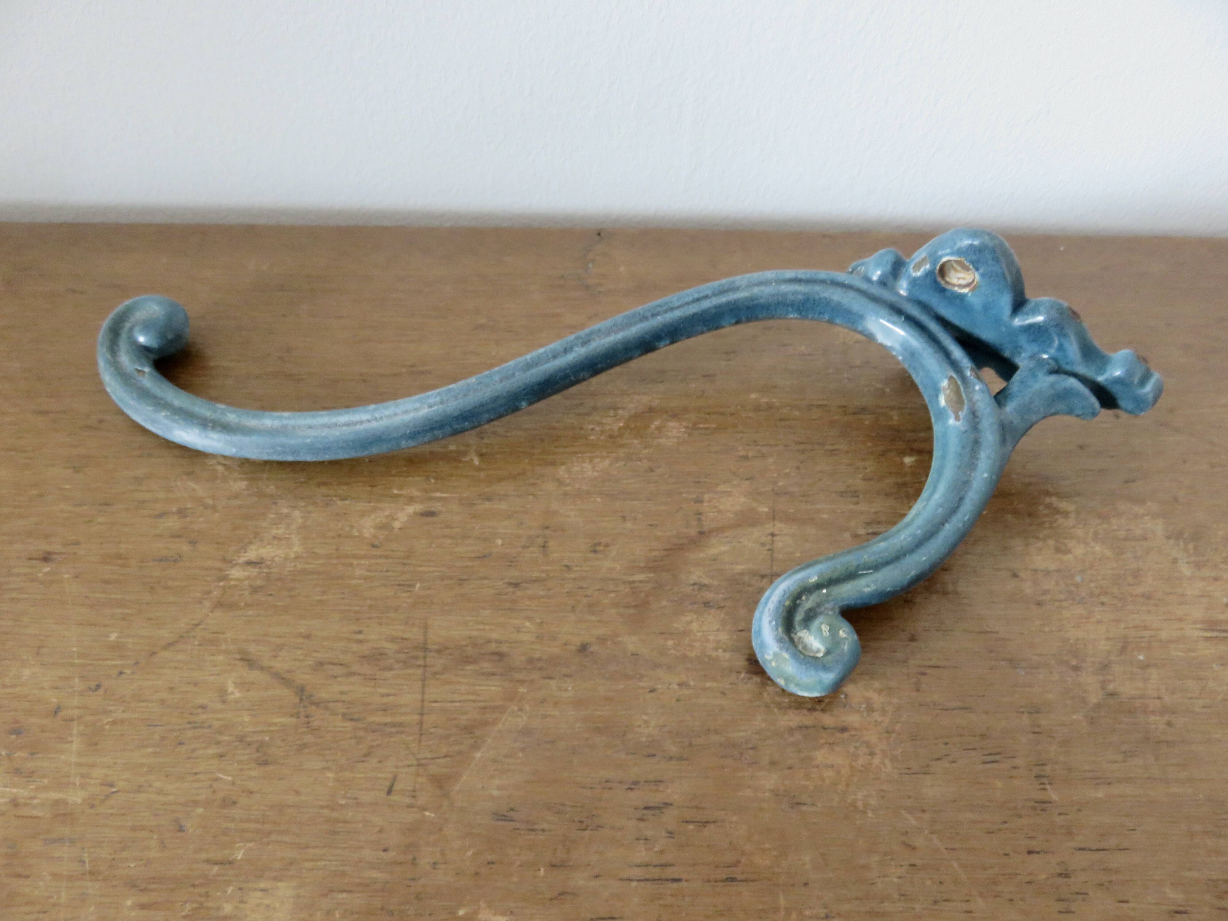 Old blue enamelled cast iron coat hook