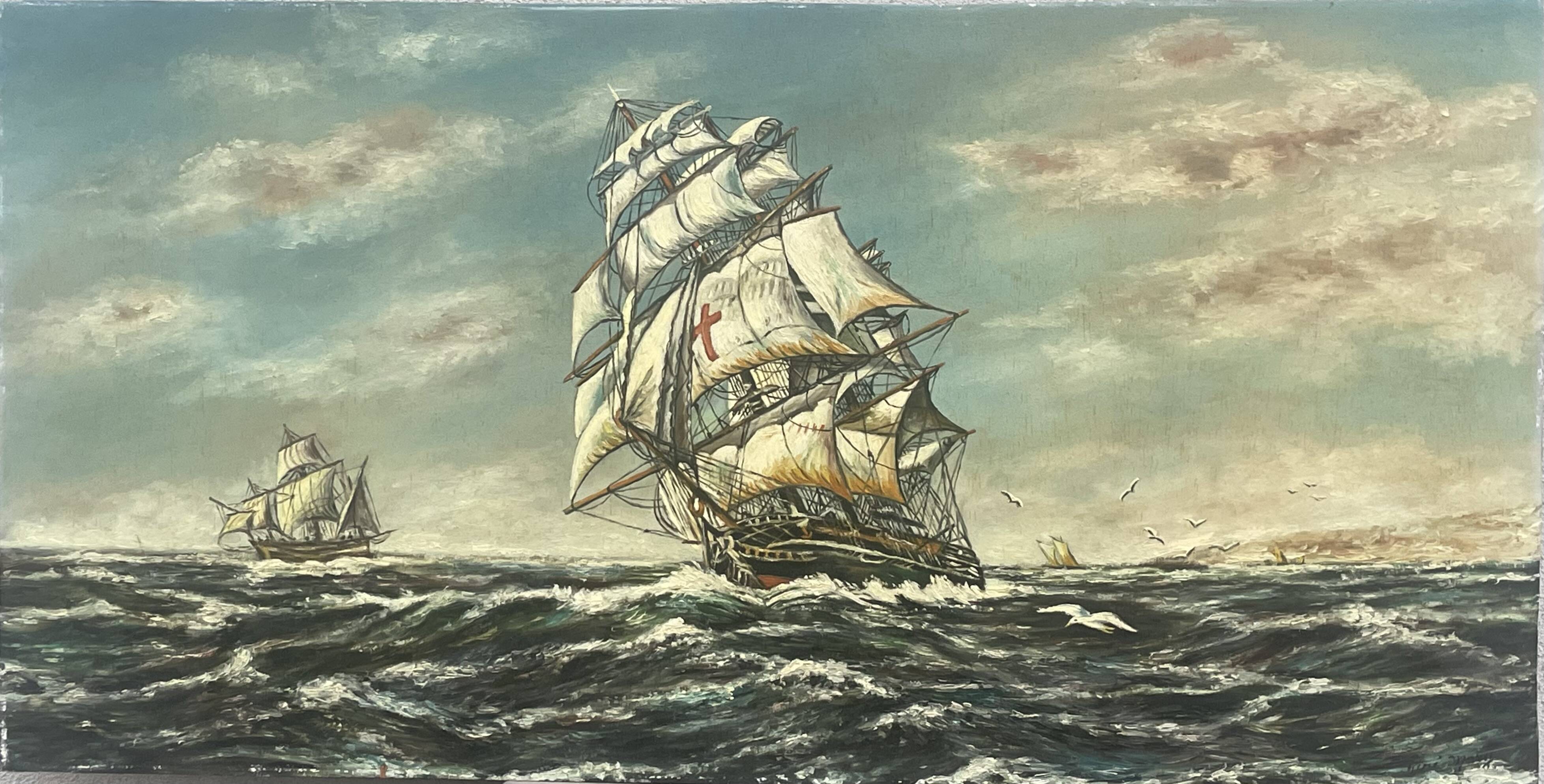 Oil on panel galion by rene mary marine 89 x 45 cm