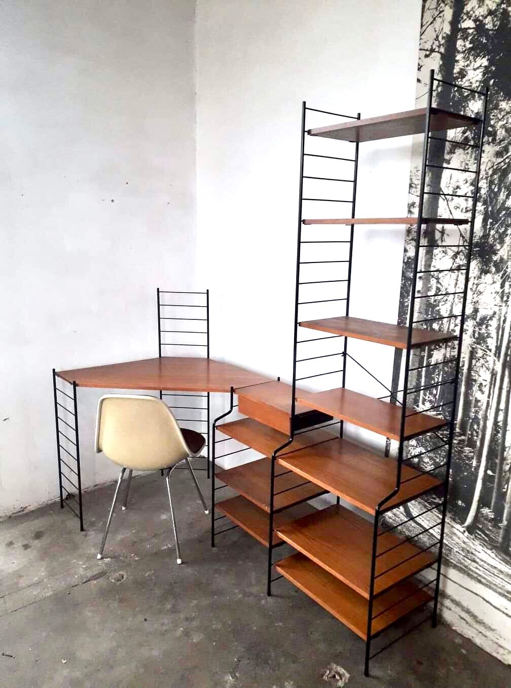 Modular vintage string wall shelf system with 1960-1980's desk
