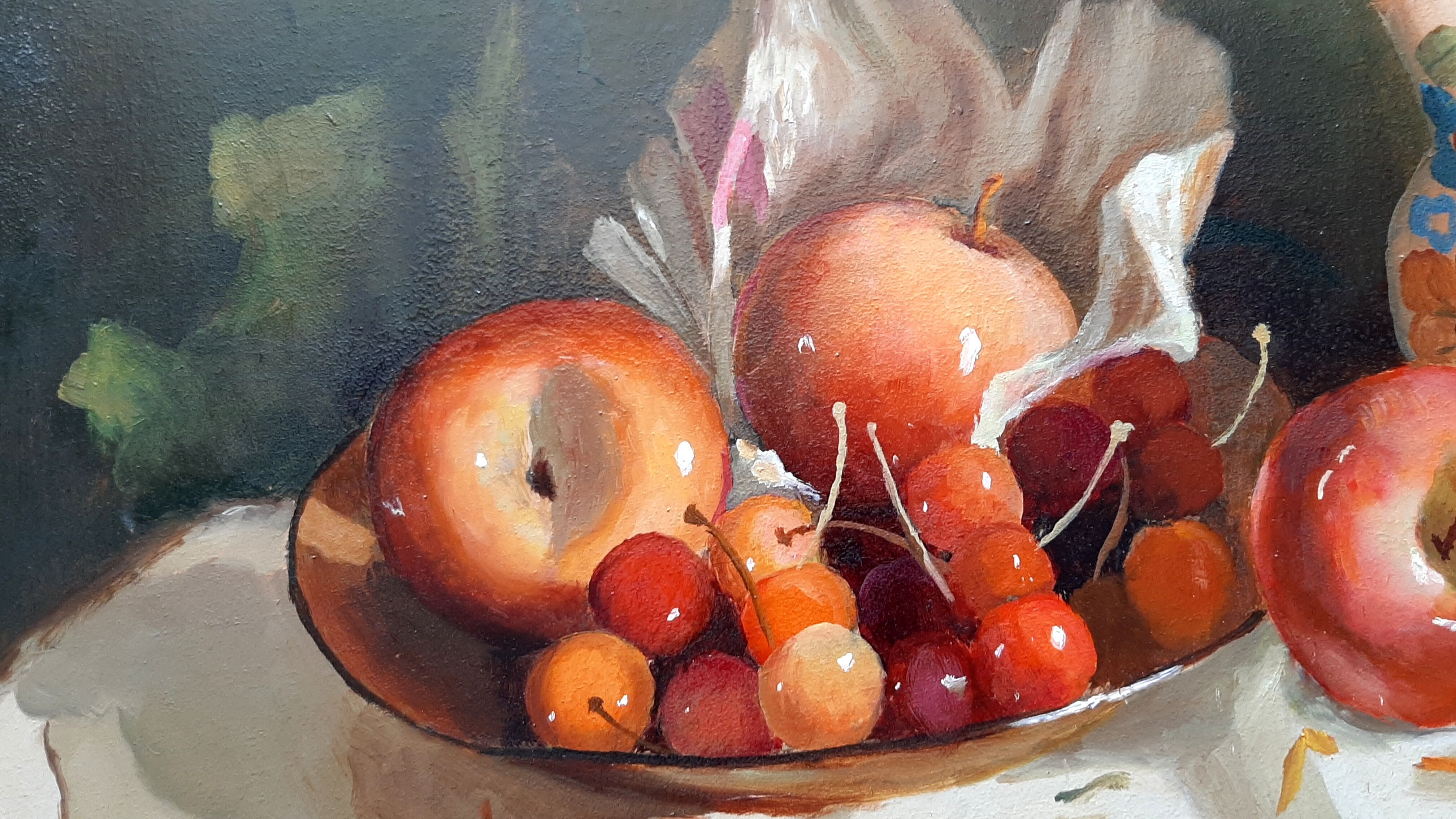 Table Oil Still Life Fruits Cherries Apples and Jug signed***framed***