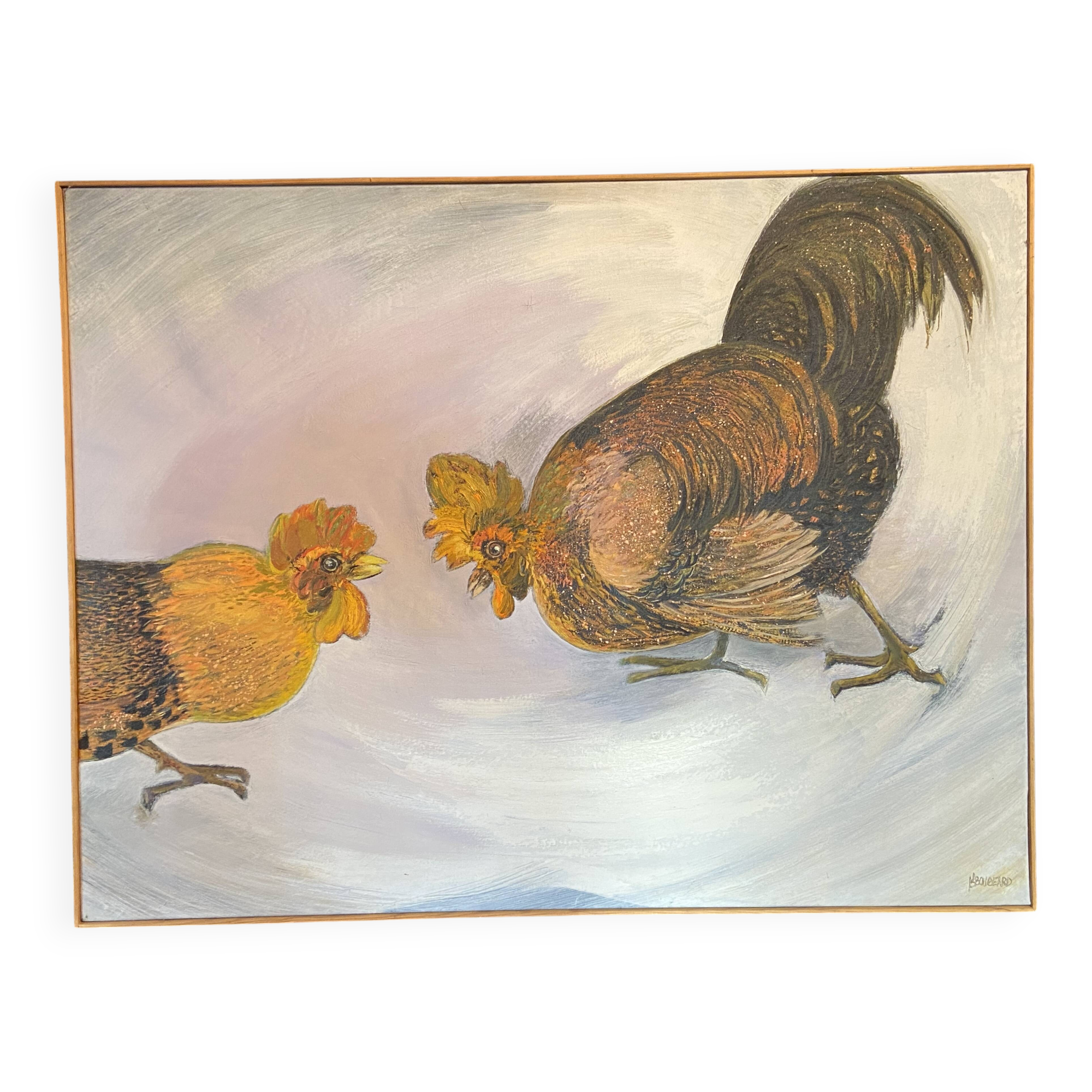 Large oil painting on canvas of a cockfight by Yves BOUGEARD
