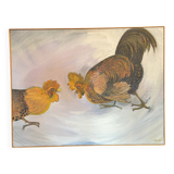 Large oil painting on canvas of a cockfight by Yves BOUGEARD