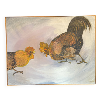 Grand tableau huile sur toile au combat de coqs signée Yves BOUGEARD