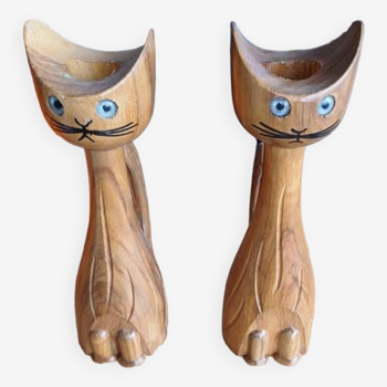 2 wooden cat candle holders