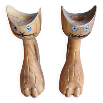 2 wooden cat candle holders