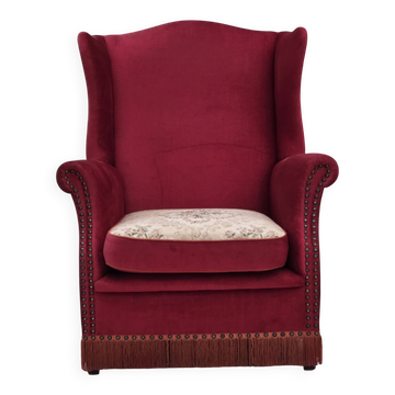 1970s, Danish highback armchair, furniture velour, ash wood legs.