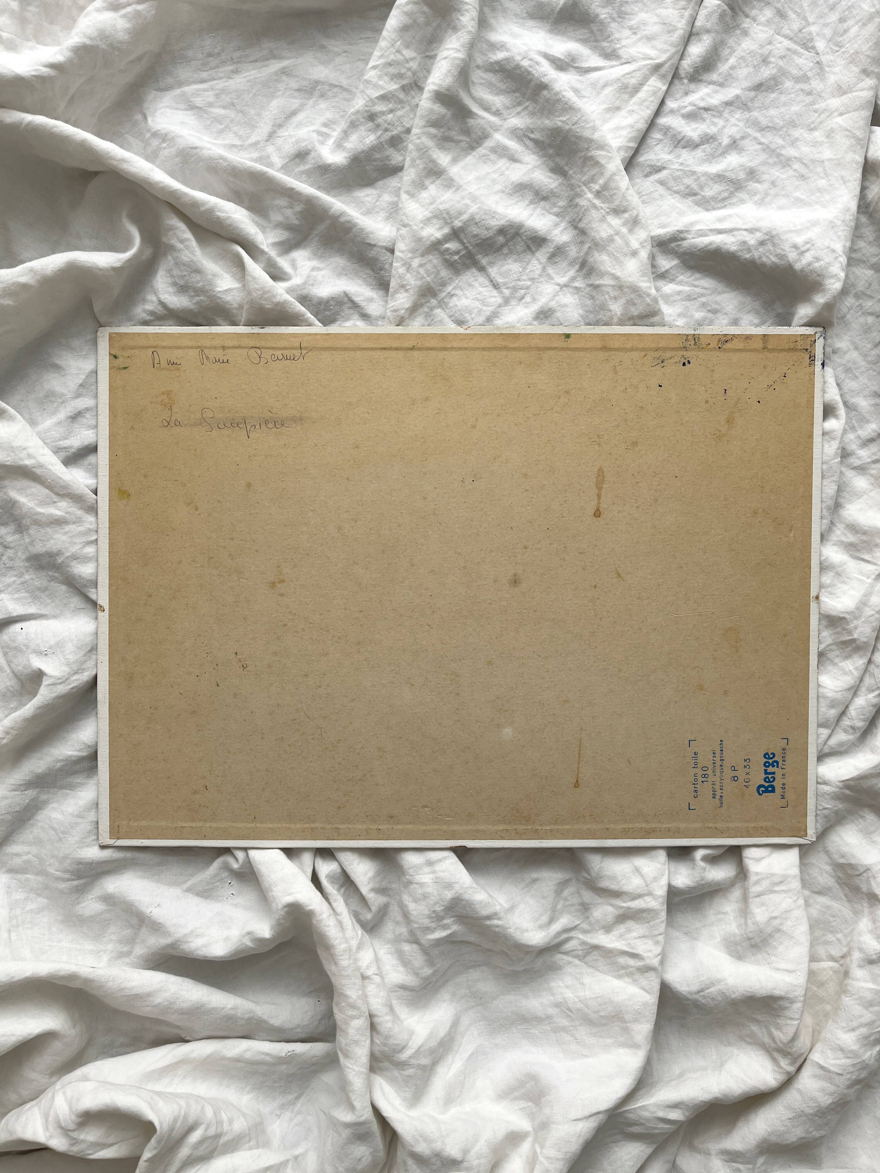 Antique painting on canvas board "La Soupière" signed Anne Marie Beiruet