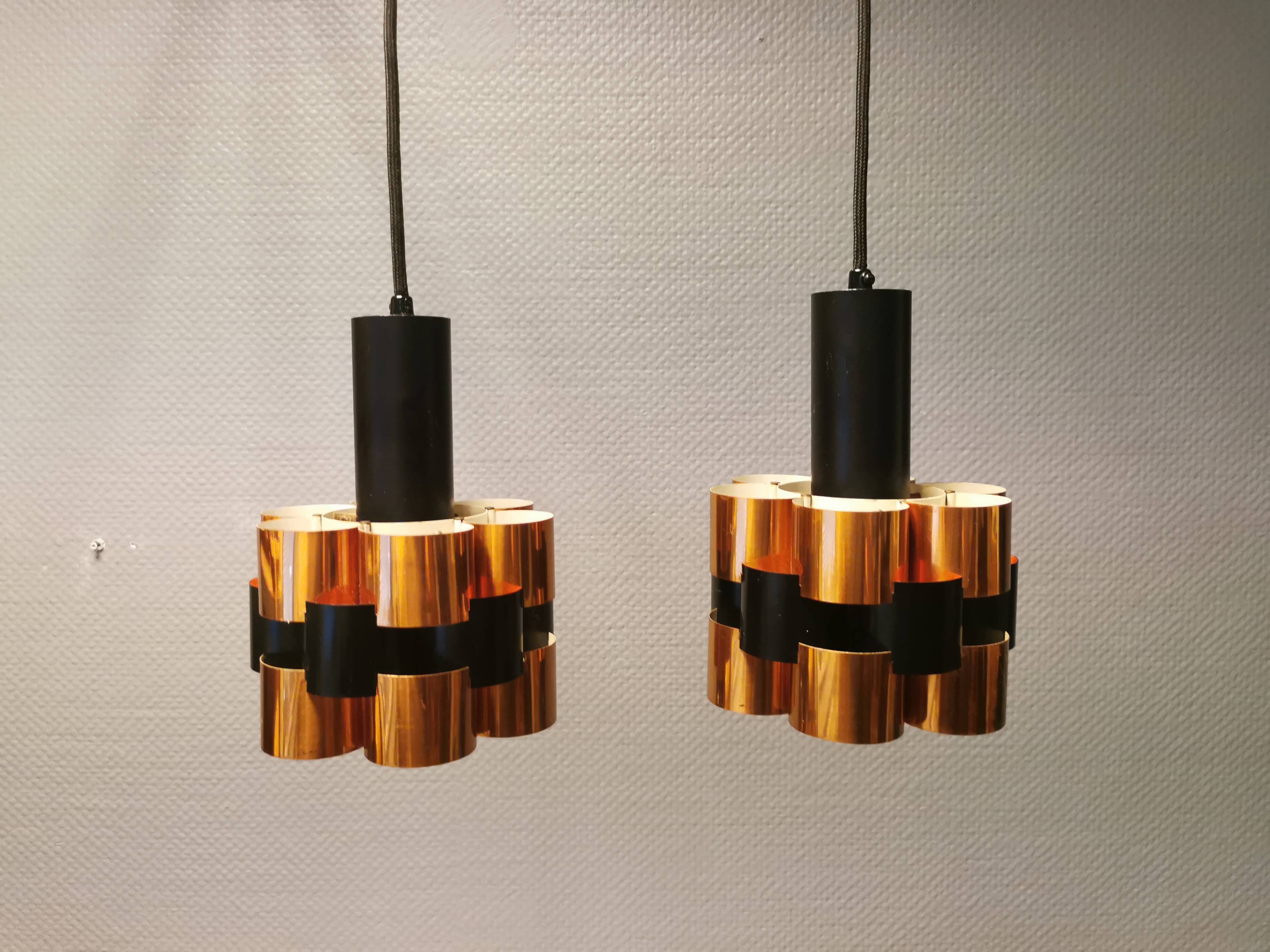 2 suspensions en métal noir et cuivre par Werner Schou pour Coronell Elektro, années 1960-1970