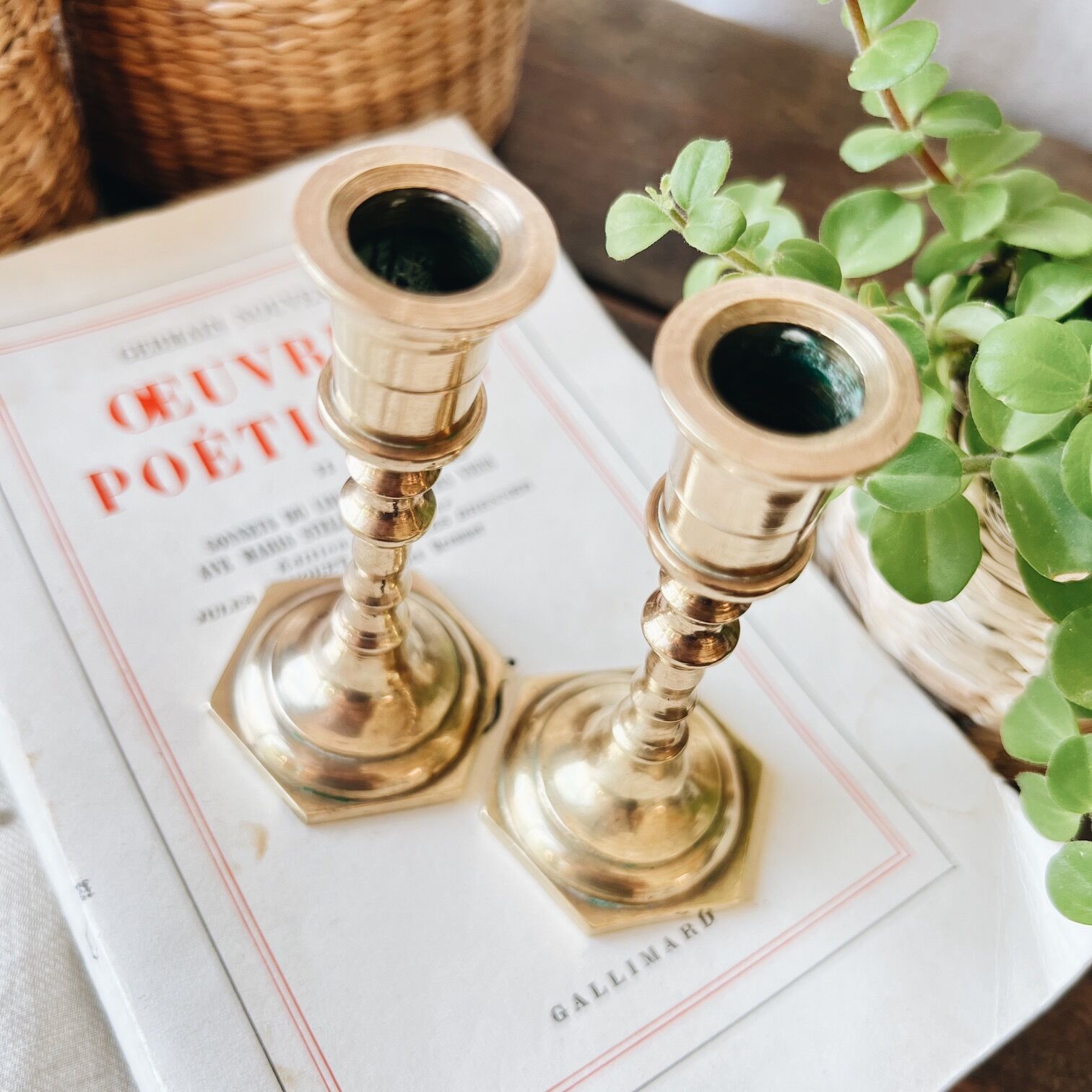 Duo of small brass candle holders