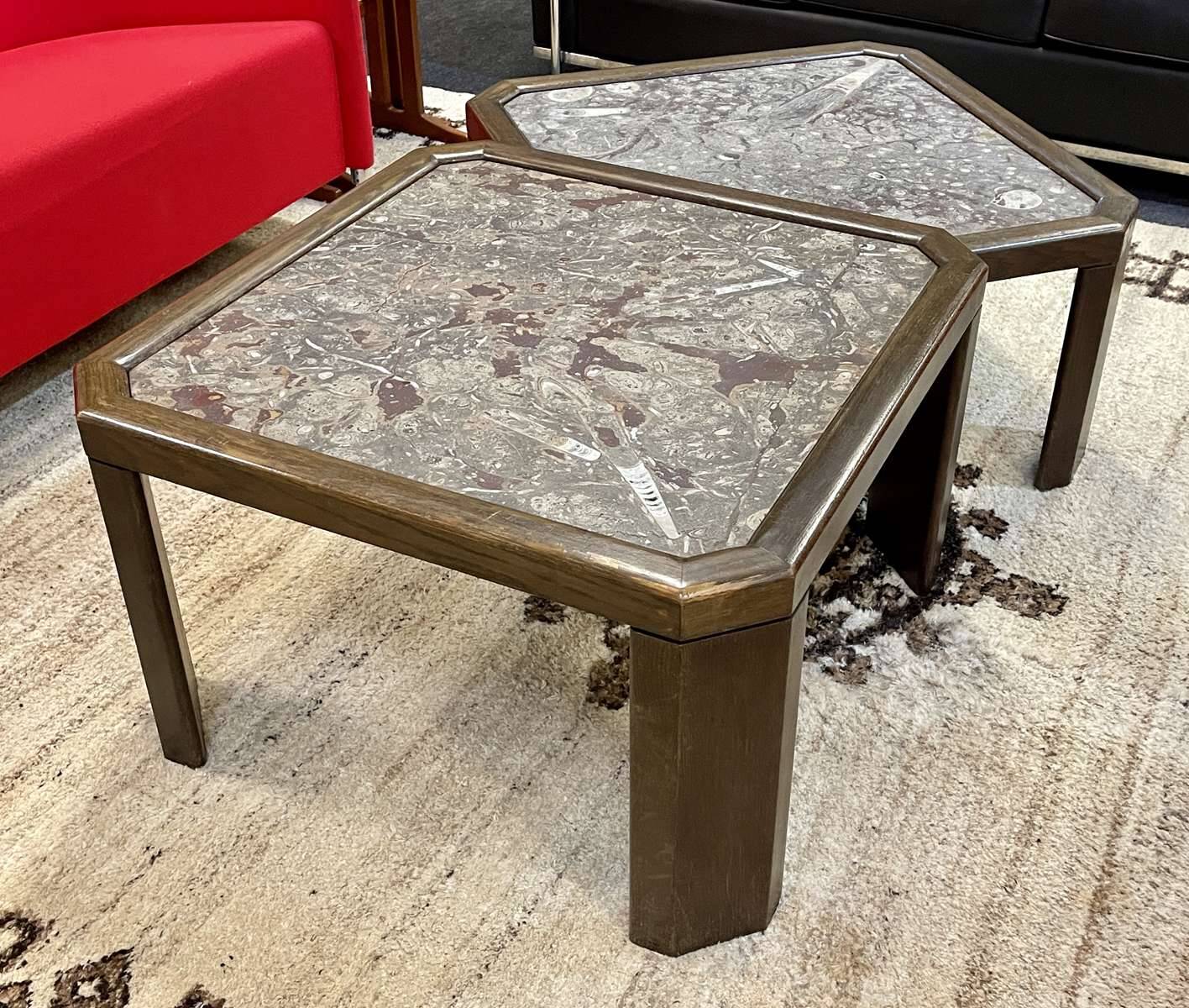 Pair of low tables in oak and fossil stone - work from the 1970s