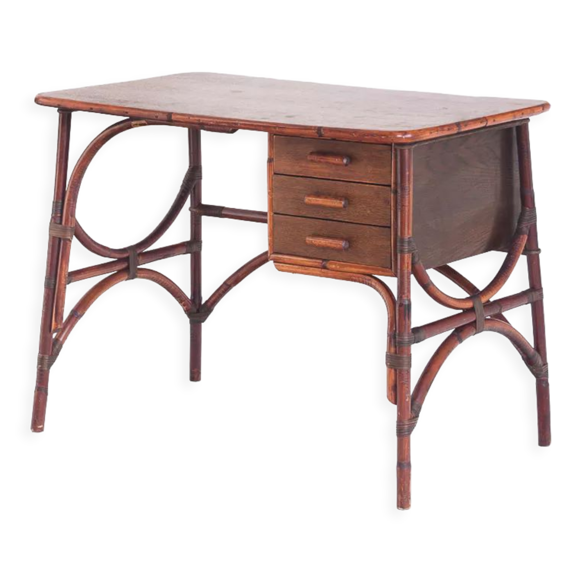 Bureau vintage en rotin et bois à tiroirs France années 1960