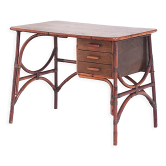 Vintage rattan desk and wood drawers France 1960s