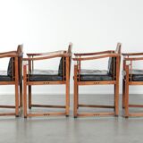 Black leather set of 4 Art Deco design dining chairs with armrests