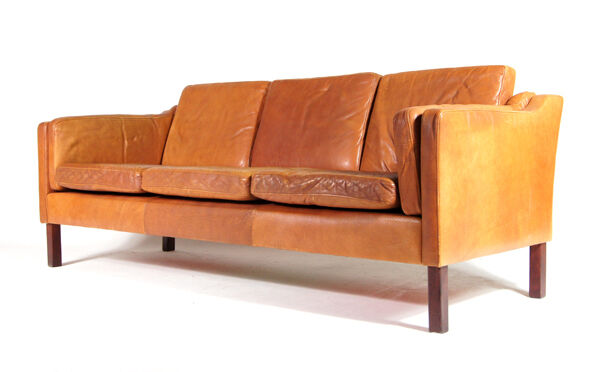 Danish tan leather 3 seater sofa 1970s