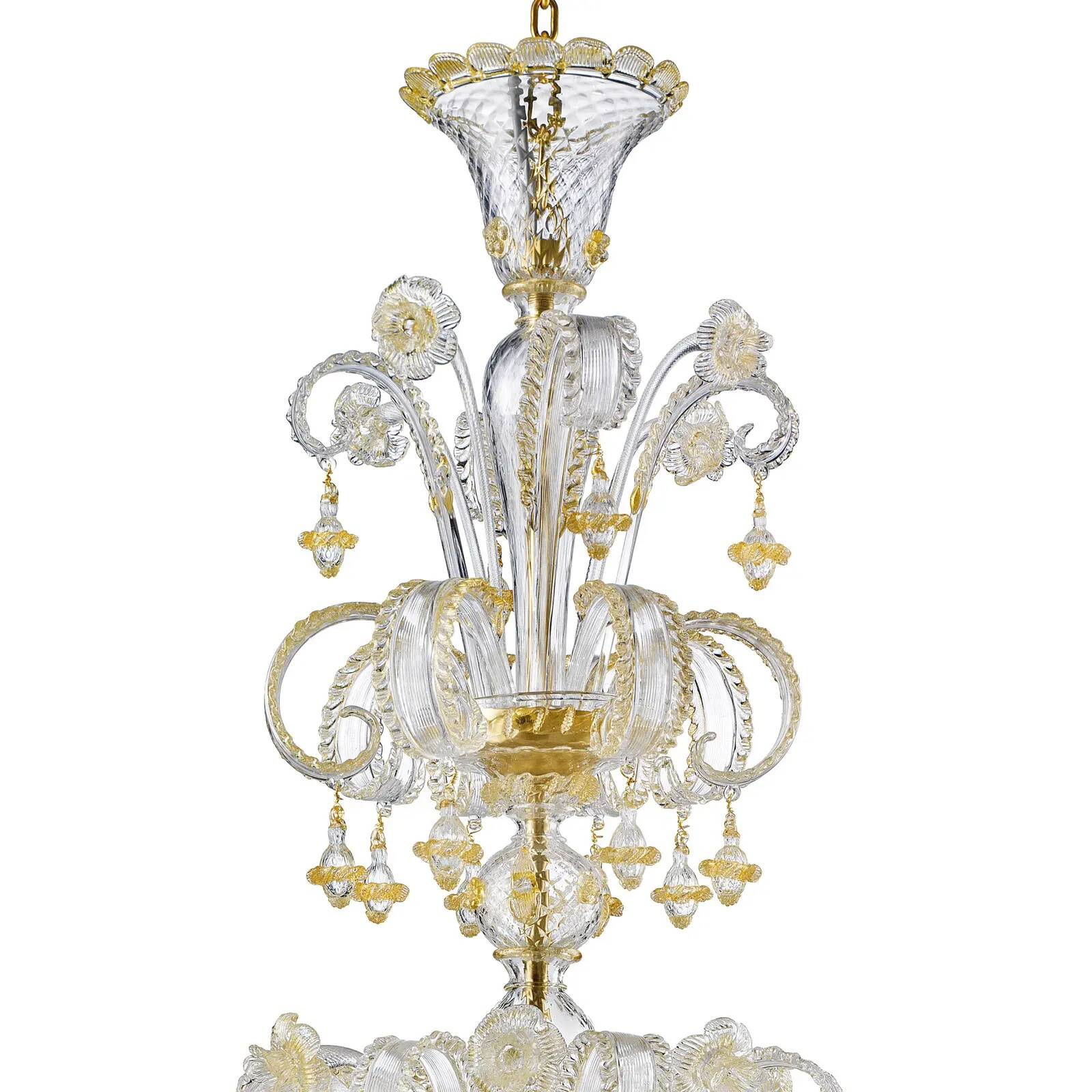 Ornate Murano Glass Rigadin Chandelier with Refined Gold Trimming