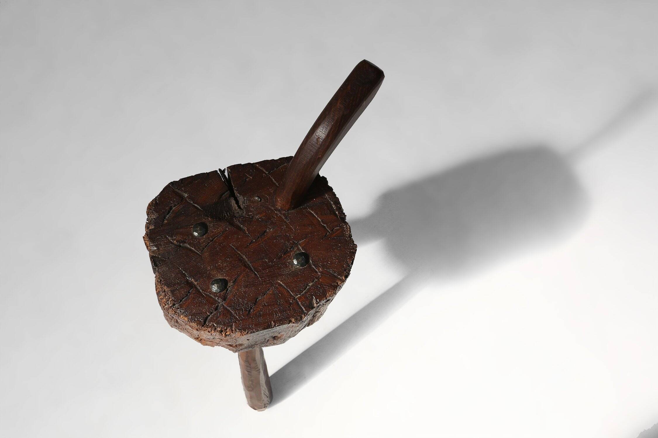 Tabouret en chêne fait main rustique, France, 19ème siècle