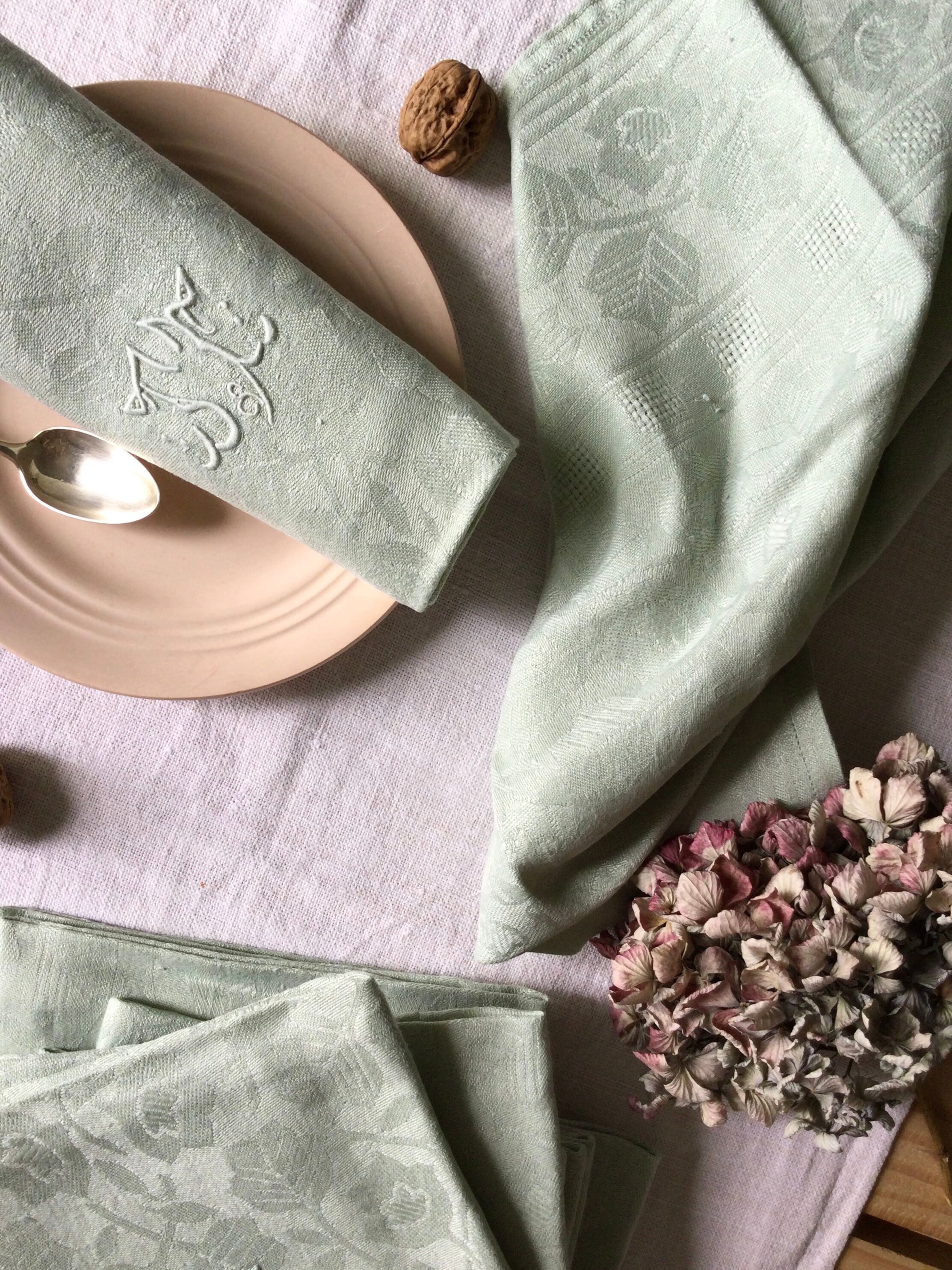 Set of six old damasked napkins dyed in celadon green