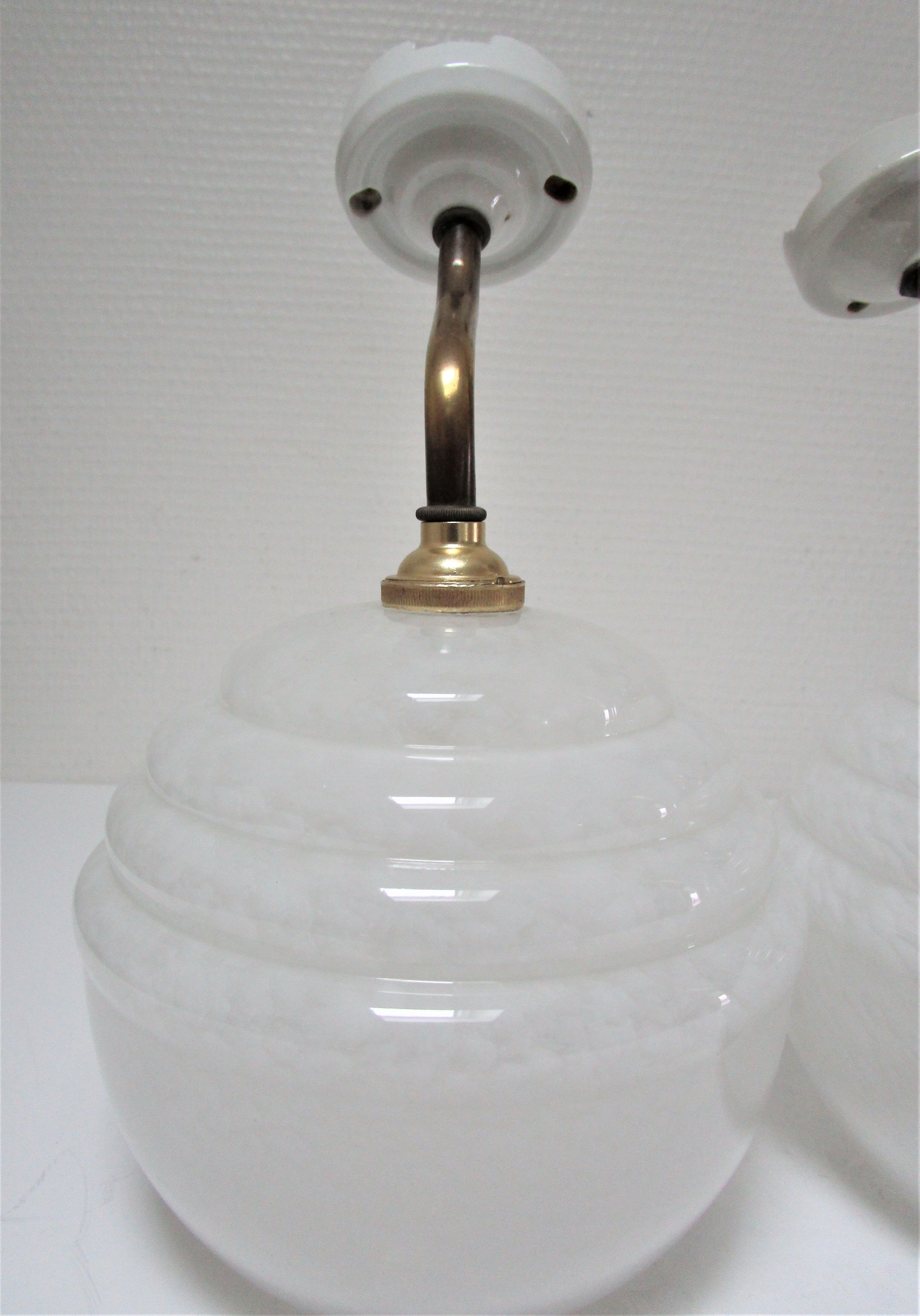 Pair of porcelain sconces brass glass of clchy white art deco