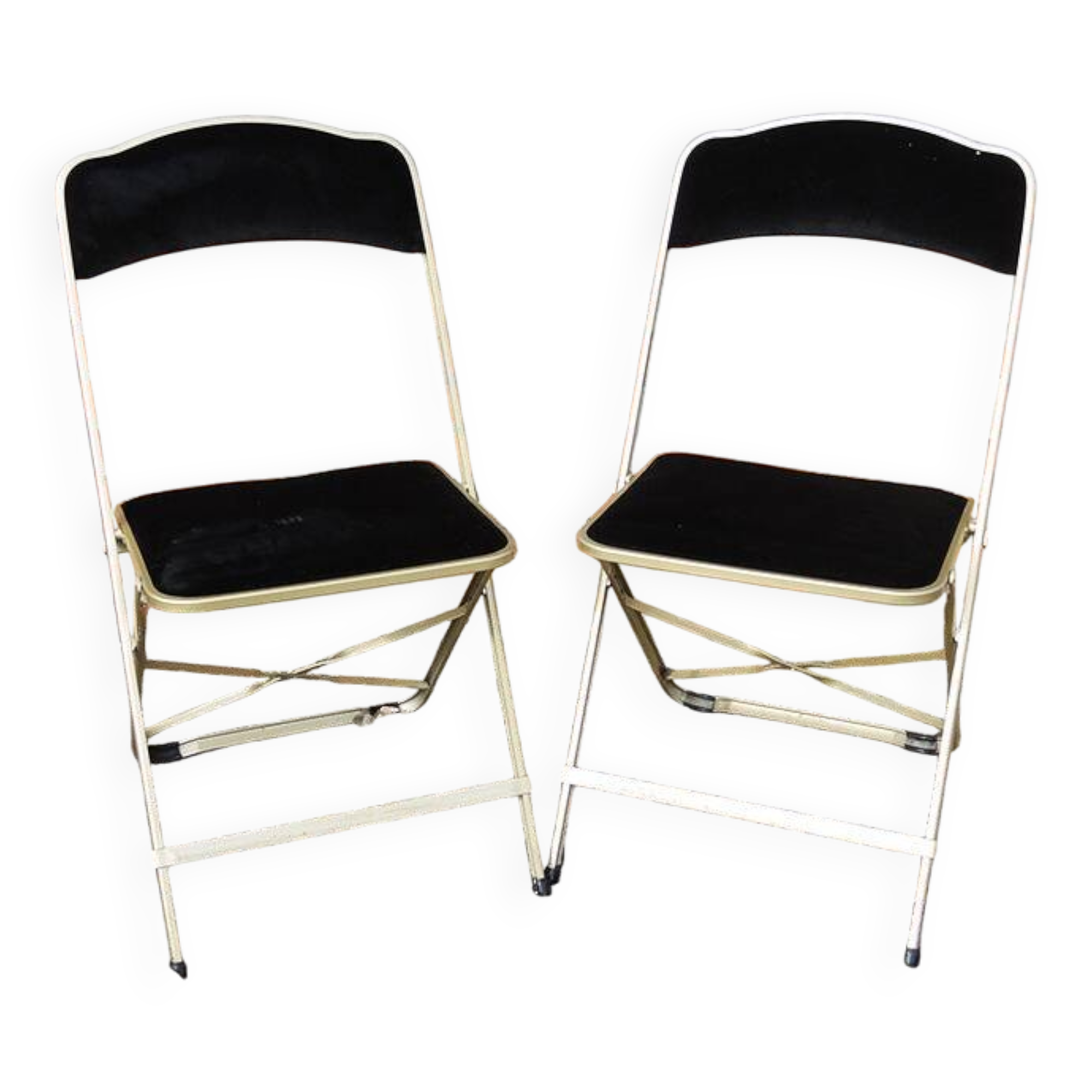 2 Antique Brass & Black Velvet Folding Chairs