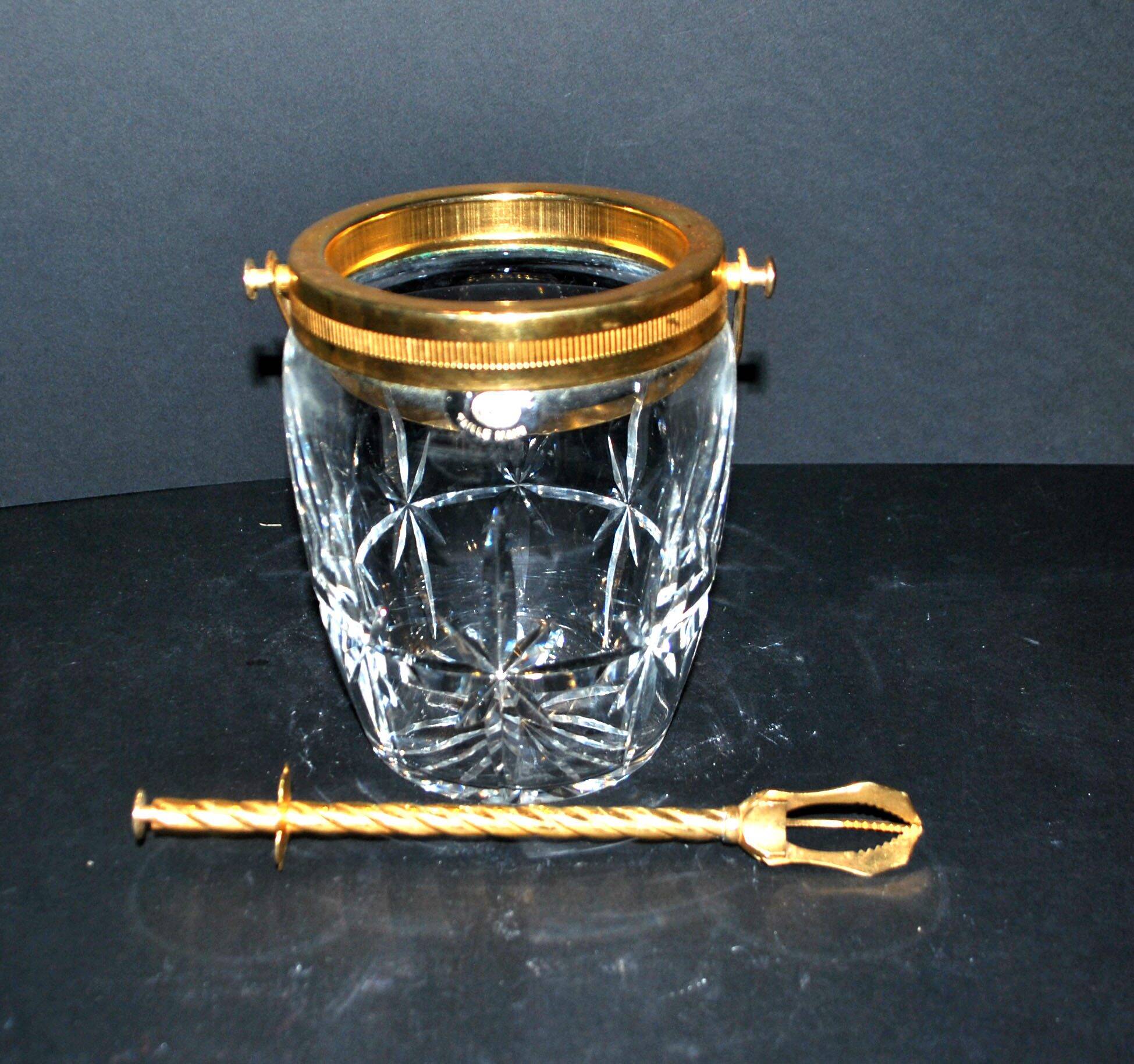 Vintage gold cut crystal ice bucket - ice cube pot + tongs CRISTAL AG