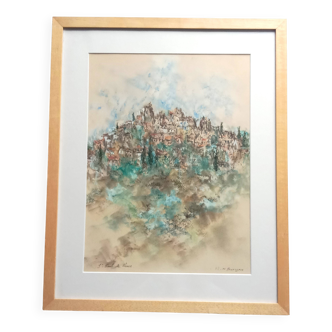 Saint Paul De Vence Pastel original signé 1982 Cadre
