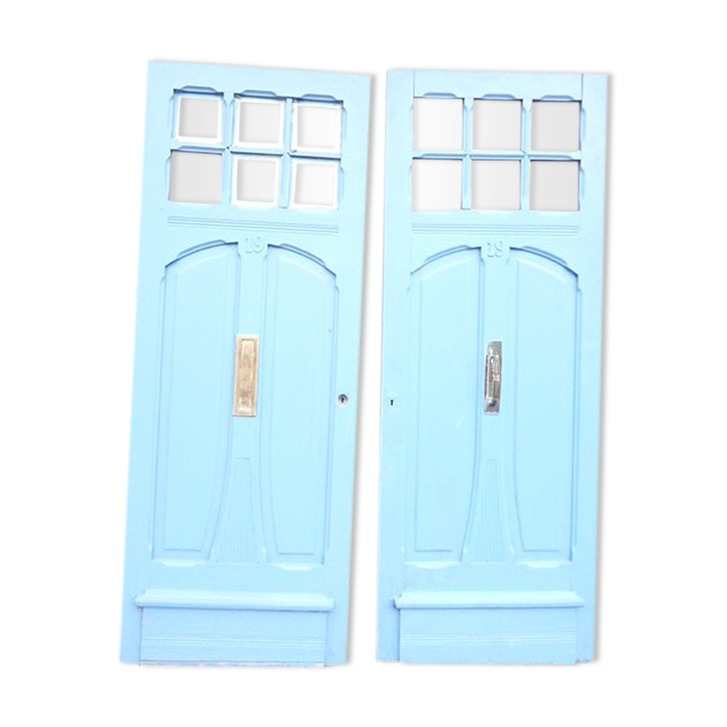 Double front door, fir and windows at the top