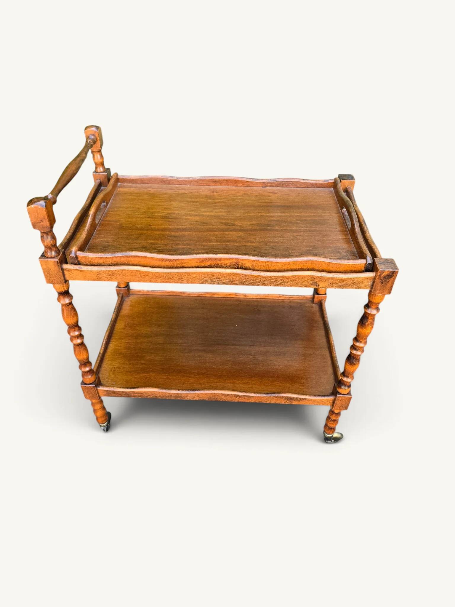 Vintage wooden turned rolling dessert trolley, removable tray.