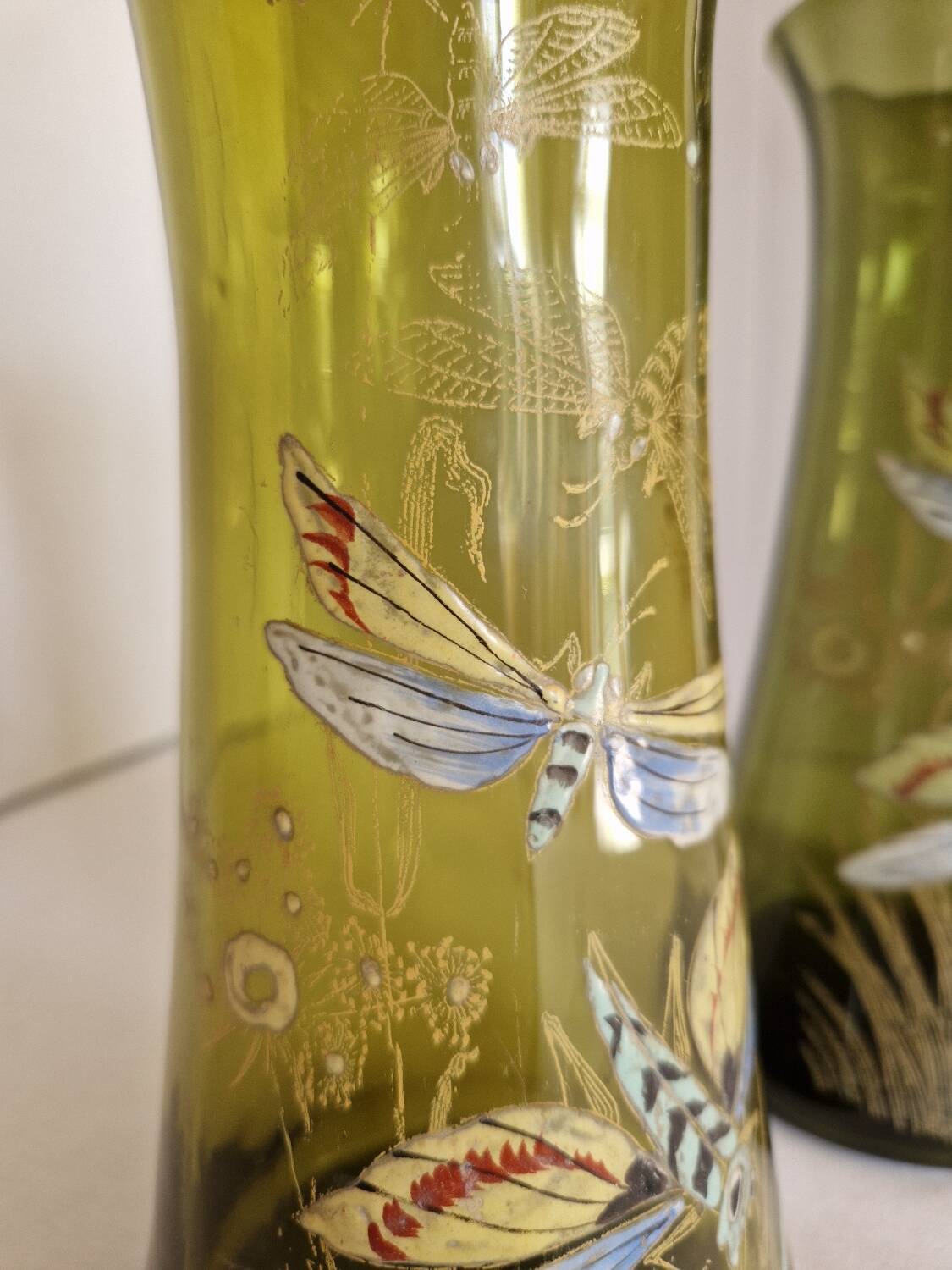 Pair of Enameled Glass Vases with Dragonflies. Unsigned Legras