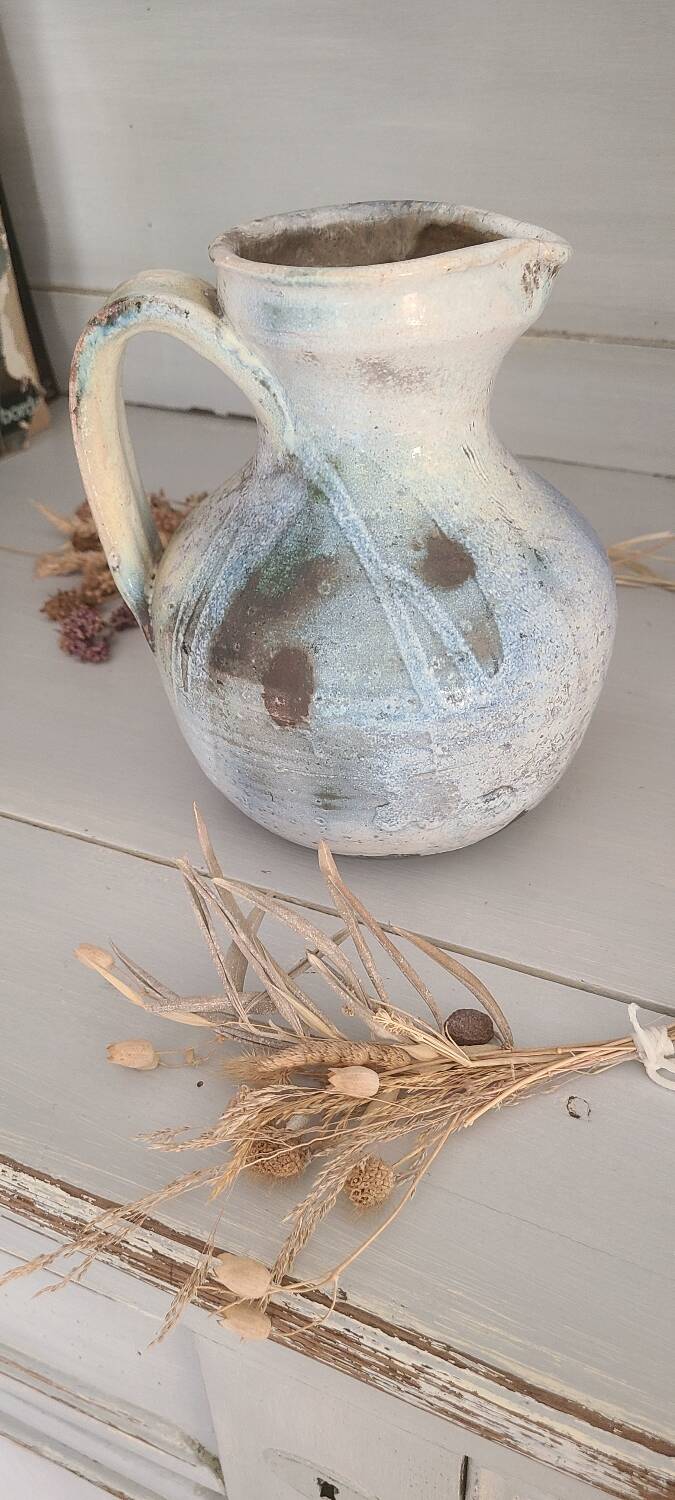 Old bulbous jug pottery vase glazed grey-blue stoneware vintage