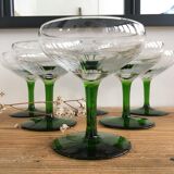 Set of 6 glasses of champagne crystal cut green foot