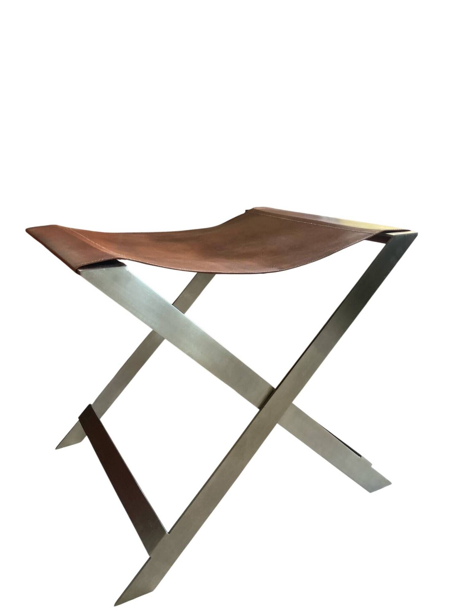FOLDING STOOL KNOWN AS "PLOYANT" IN BRUSHED STEEL AND LEATHER, SIGNED AMAURY WATINE