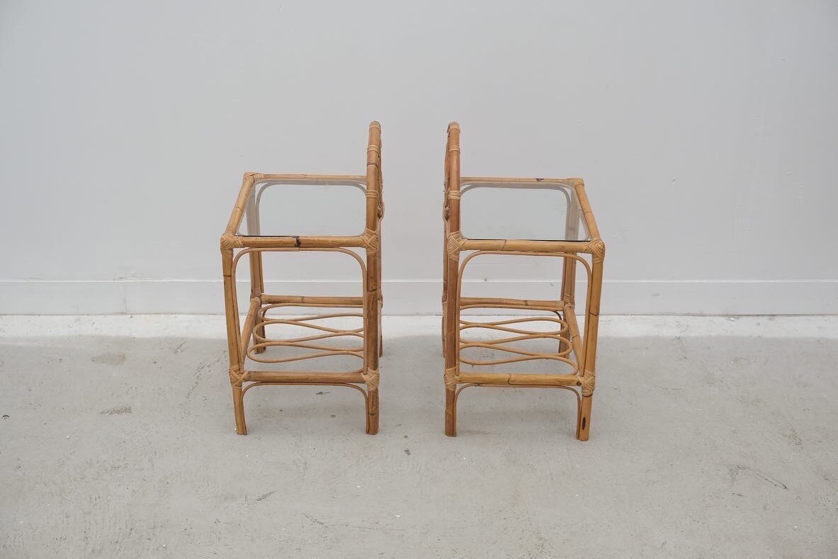 Pair of rattan and glass bedside tables, France 1970