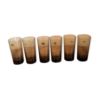Vintage Lot of 6 Striped Smoky Black Glasses LUMINARC