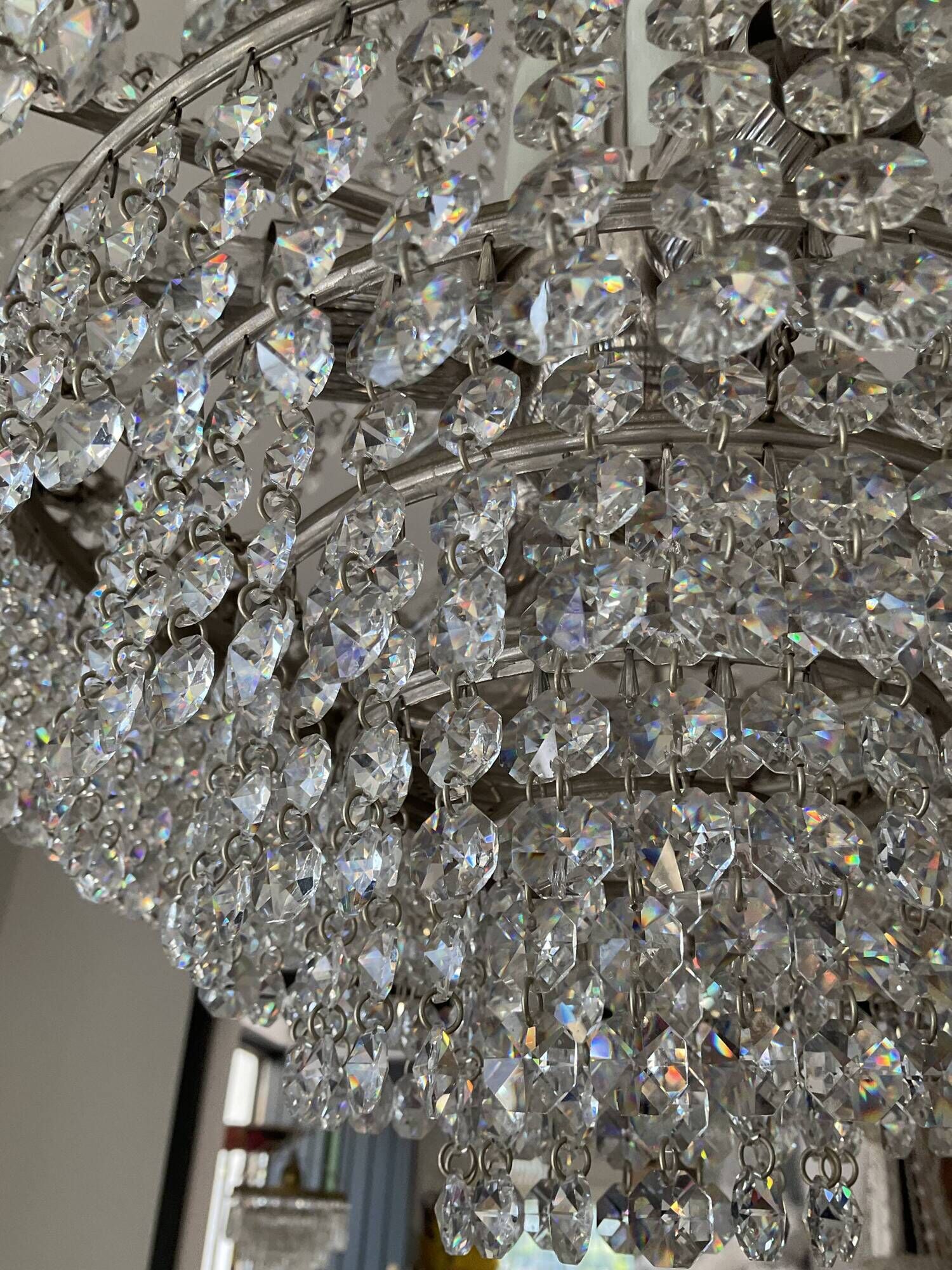 Hot air balloon chandelier in silver bronze and crystal tassels