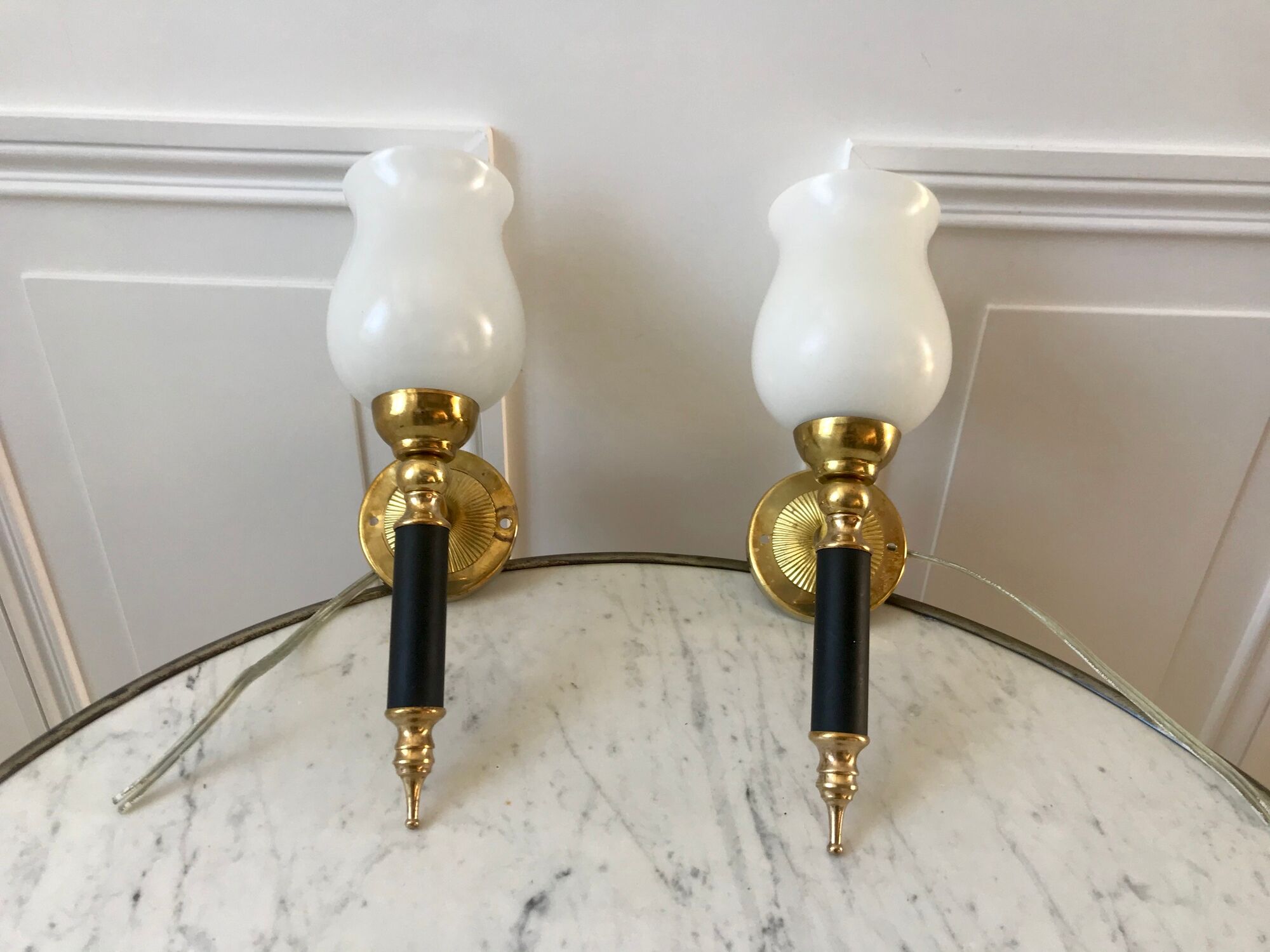 Pair of opaline and golden brass wall lamps art deco style 30s