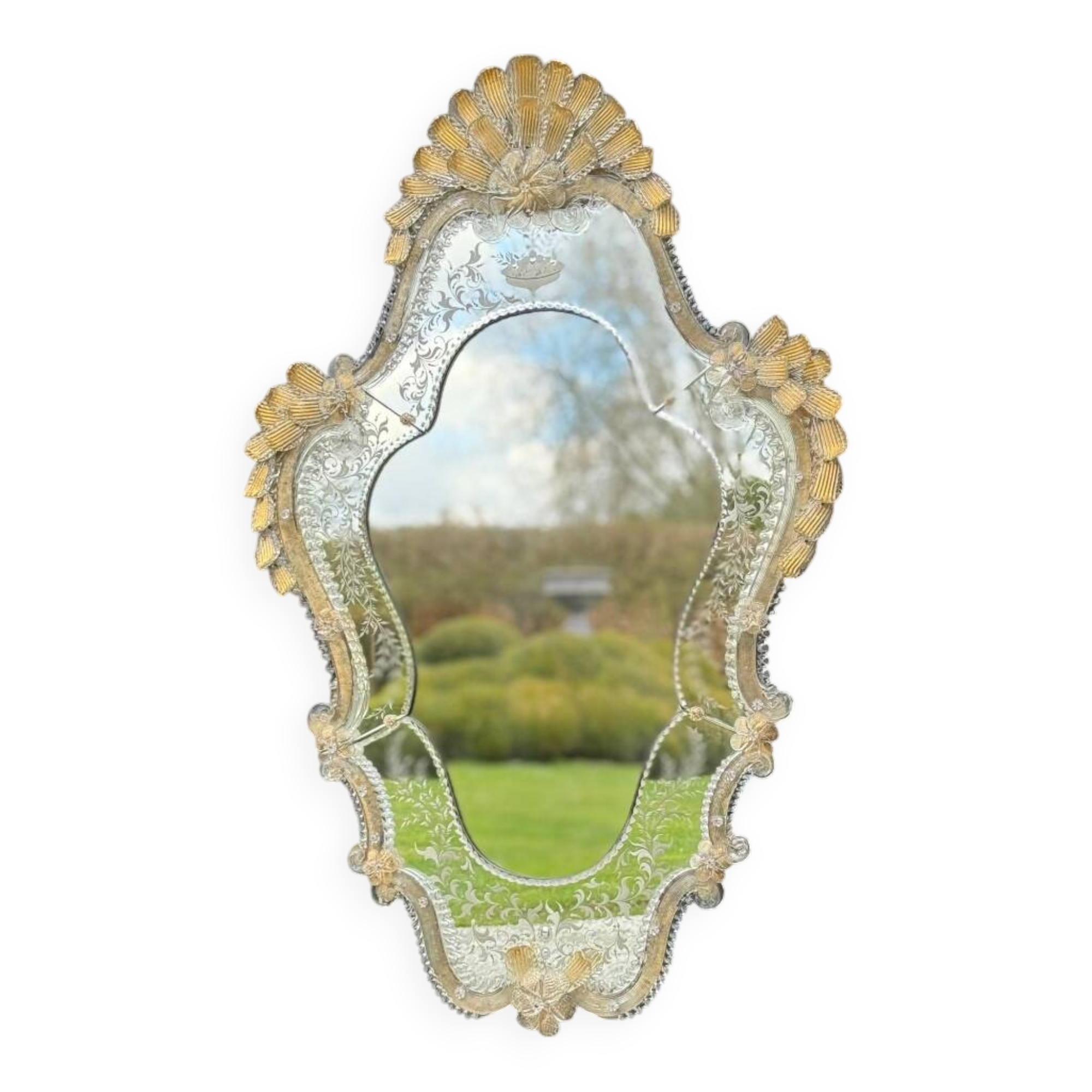 Venetian Murano Glass Mirror, Gilded with Fine Gold, Engraved Mirror, Circa 1950