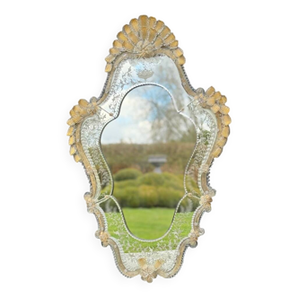 Venetian Murano Glass Mirror, Gilded with Fine Gold, Engraved Mirror, Circa 1950