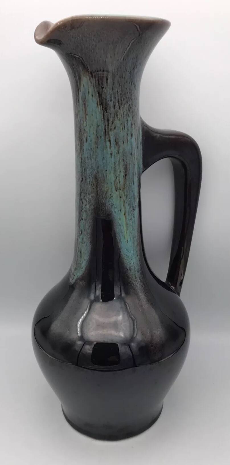Large vase in glazed ceramic stoneware flamed effect brown and turquoise 35.5 cm