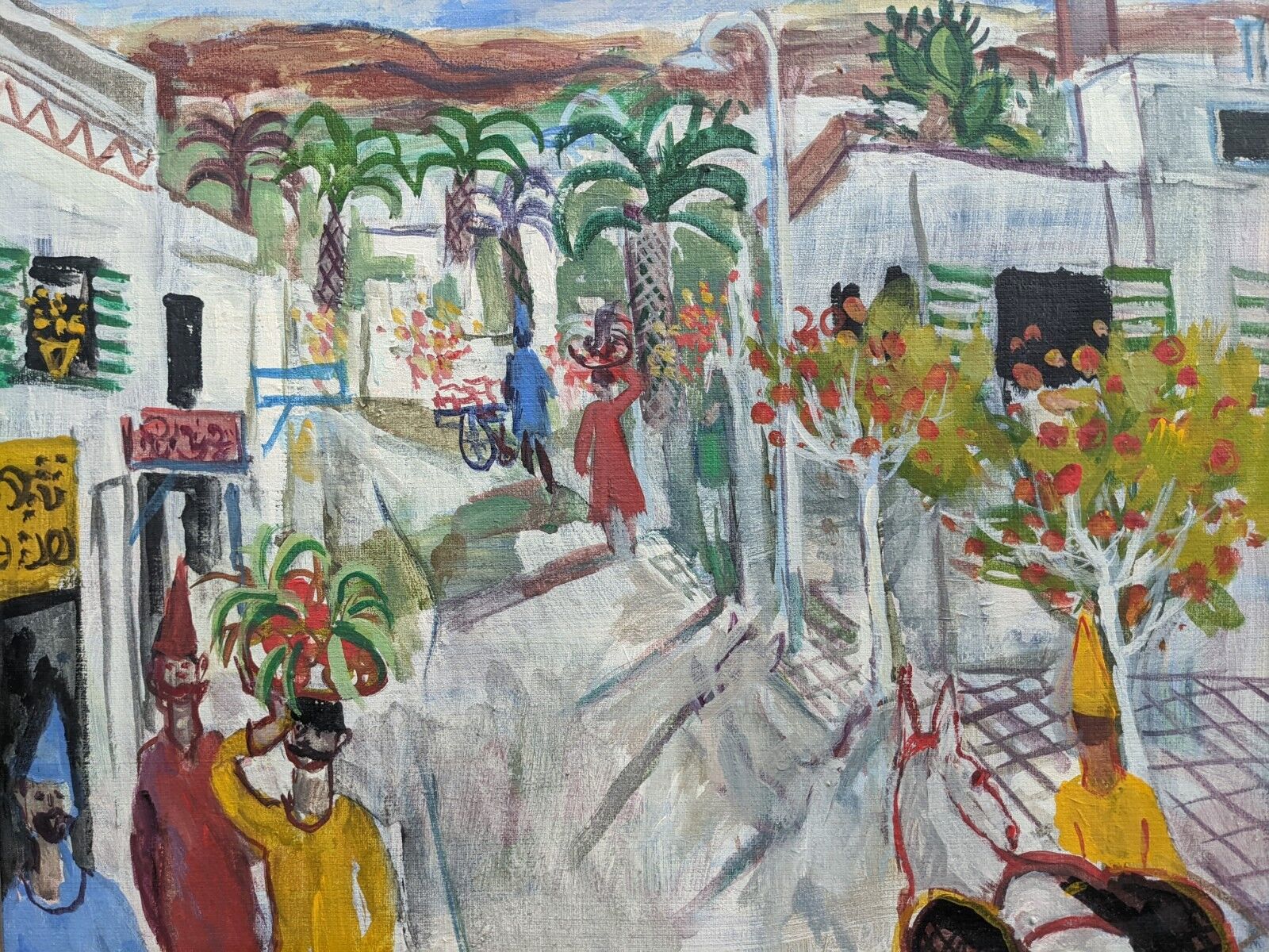 Tableau ancien « shophouses » scène de rue paysage peinture à l’huile, encadré