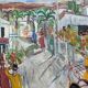 Tableau ancien « shophouses » scène de rue paysage peinture à l’huile, encadré