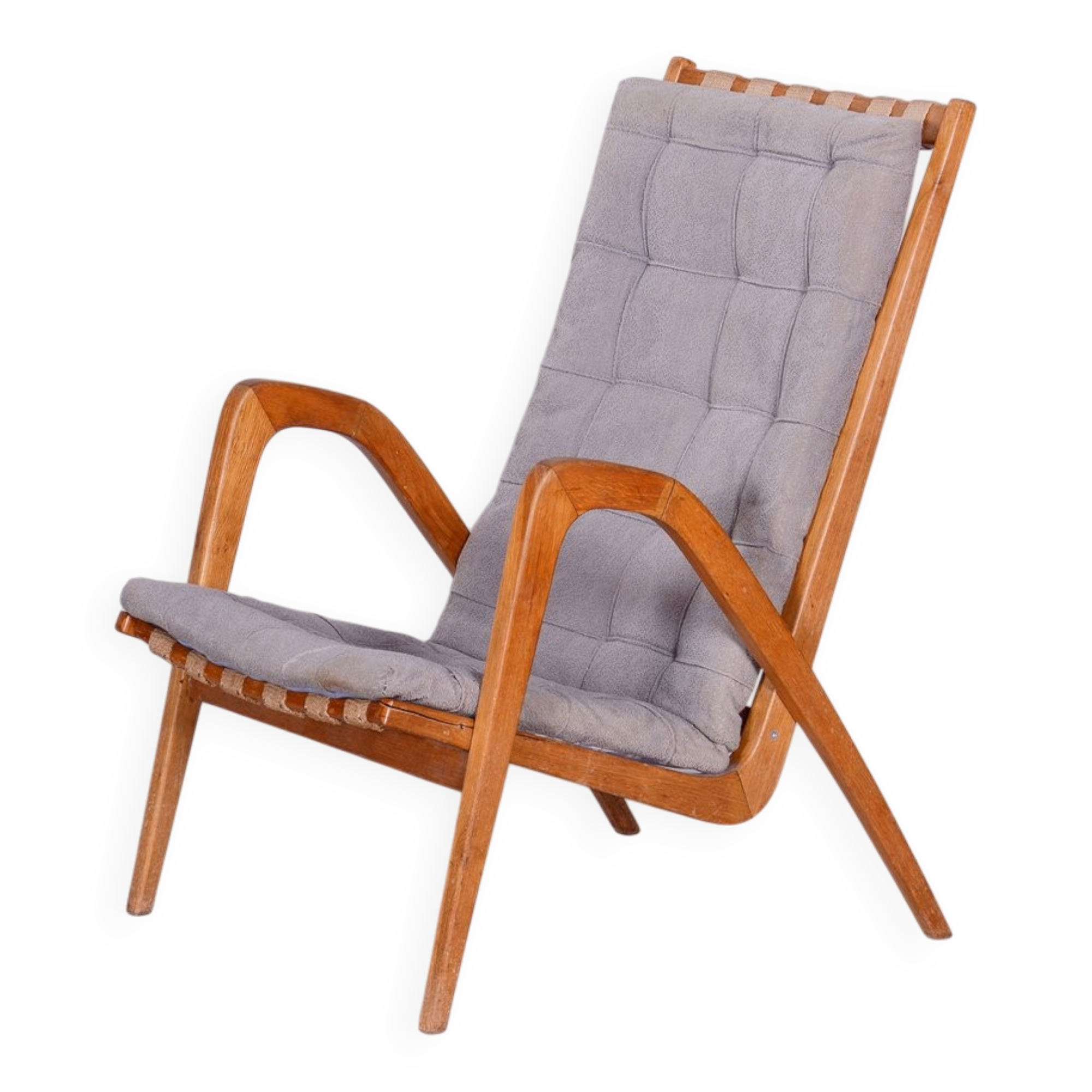 Mid-Century Czech Grey Armchair in Oak attributed to Jan Vanek, 1950s