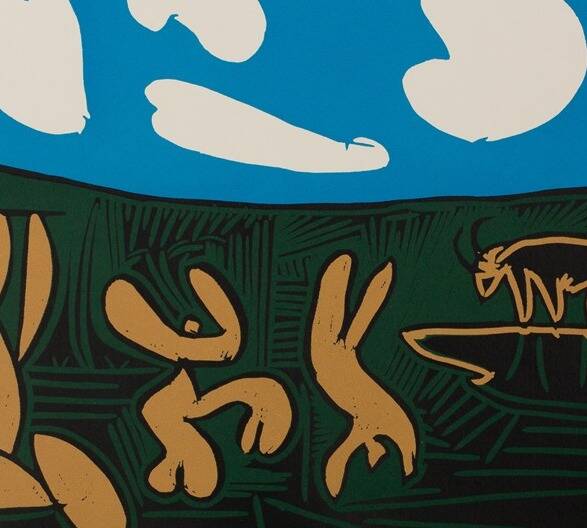 Pablo Picasso: Bacchanal, acrobats and bull, Linocut (1962)