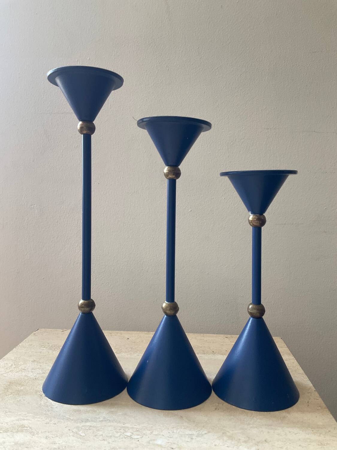 Series of 6 diabolo candlesticks in blue metal from the 80s