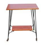 Tv furniture, a table with teak wheels and Scandinavian-style metal.