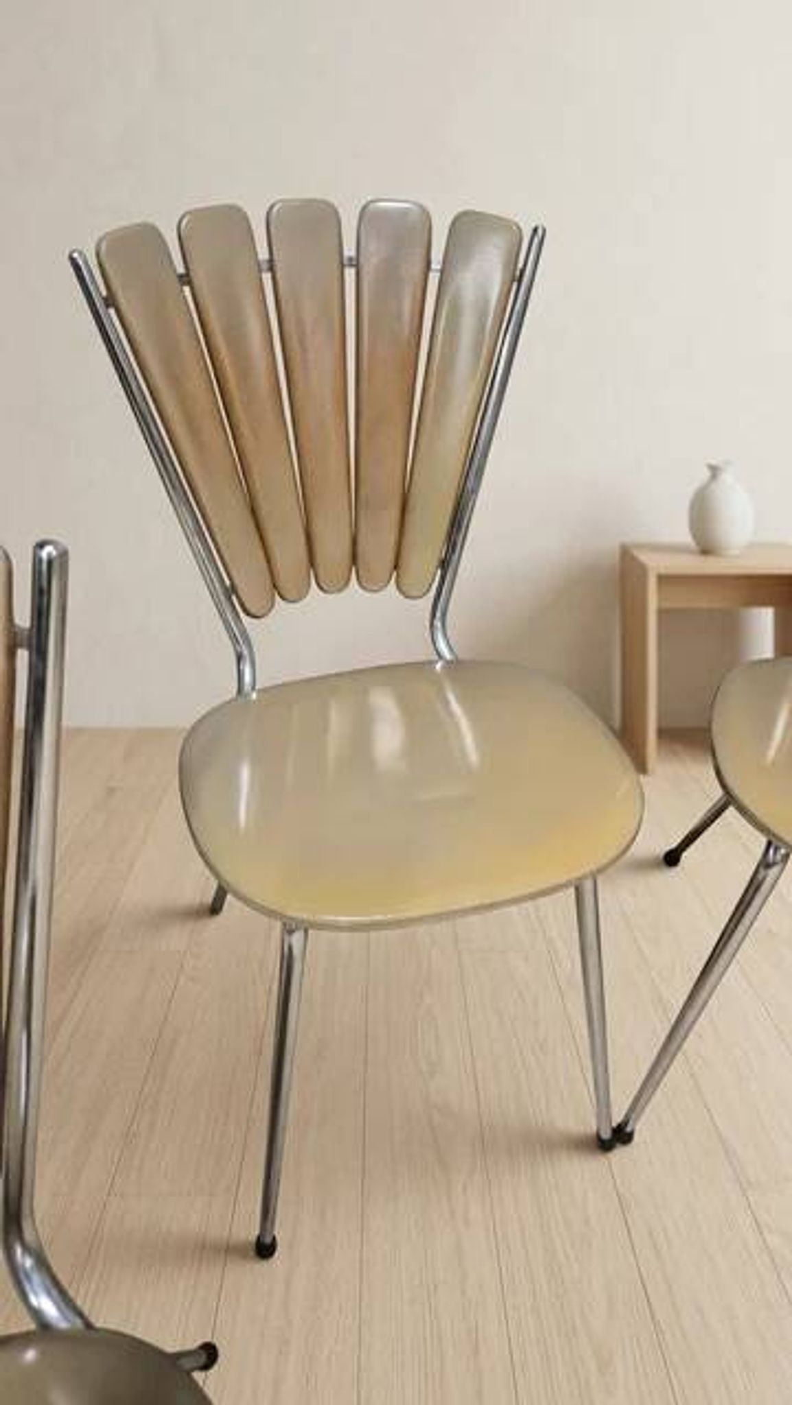 Set of 6 vintage fan-back dining chairs with beige leatherette upholstery